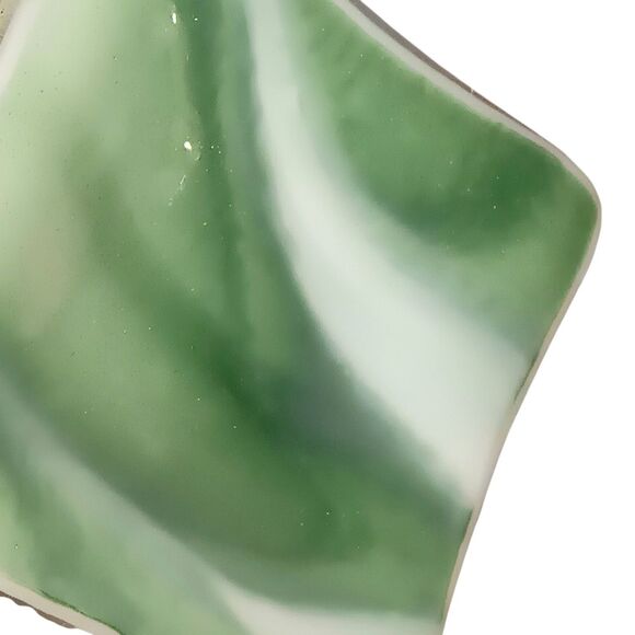 Fused Art Glass Trinket Dish Green And White Swirl Small Square 3" x .25" - Picture 3 of 7